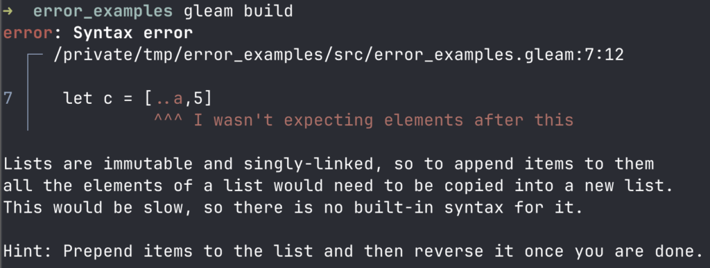 A snippet of Gleam error code. Post title: First Impressions of Gleam