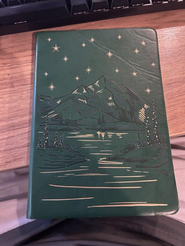 A picture of a green notebook resting on a desk. The notebook is faux leather and has a mountain lake and stars embossed on it.