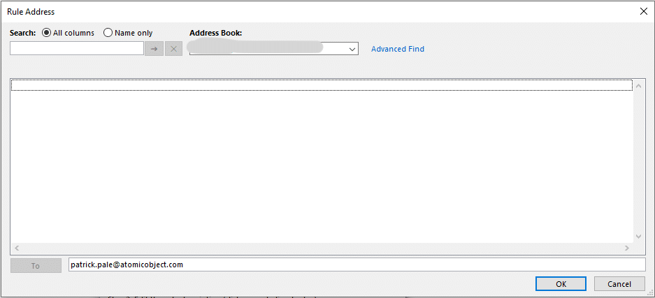 An input window to add an email address in the Rules Wizard of Microsoft Outlook.
