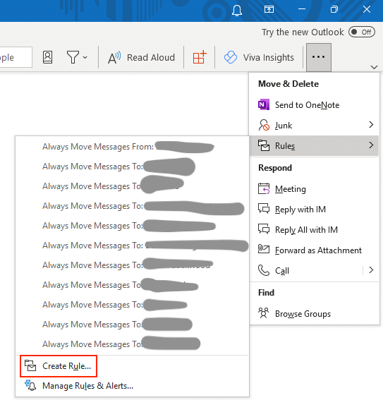 An open context menu in Microsoft Outlook showing where the Create Rule button is.