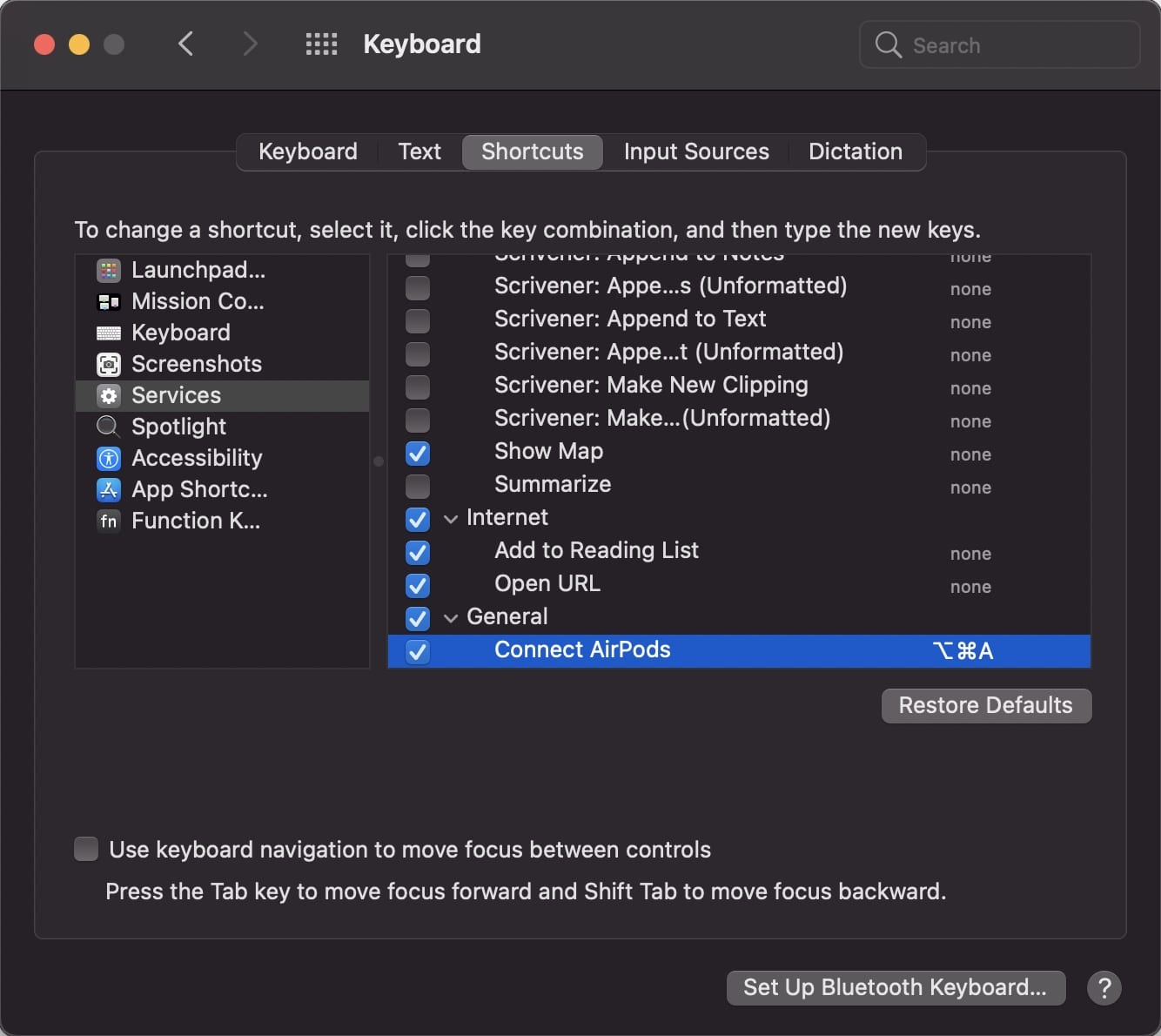 The Keyboard preferences pane, showing the Shortcut panel, and a "Connect AirPods" Quick Action highlighted under Services.