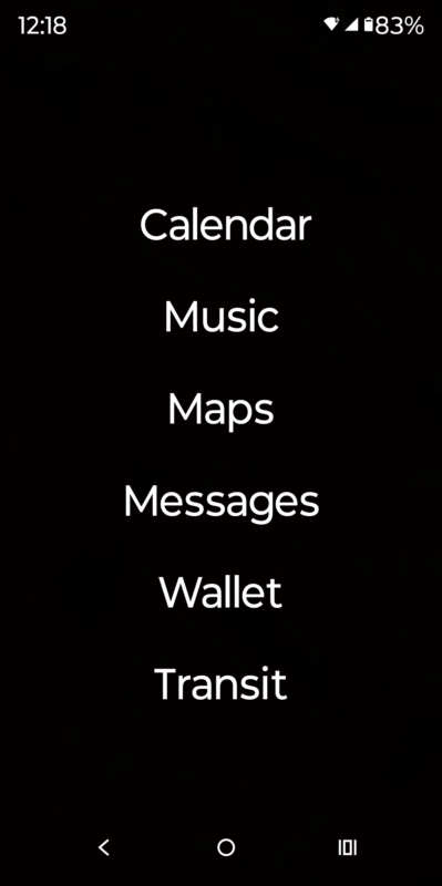 Android phone home screen with text shortcuts for Calendar, Music, Maps, Messages, Wallet and Transit