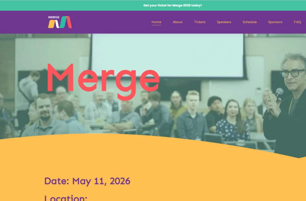 A screenshot featuring the Merge 2026 conference website