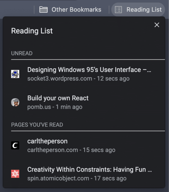 Reading List feature in Google Chrome