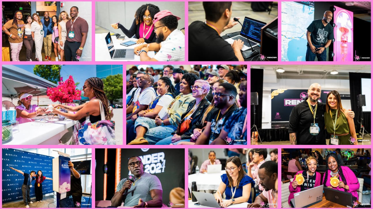 A collage of conference photos. Post title: RenderATL 2025: Where AI Meets Craftsmanship in Modern Development