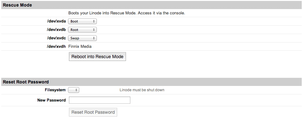 Rescue Mode panel on Linode for booting into the Finnix Live CD.