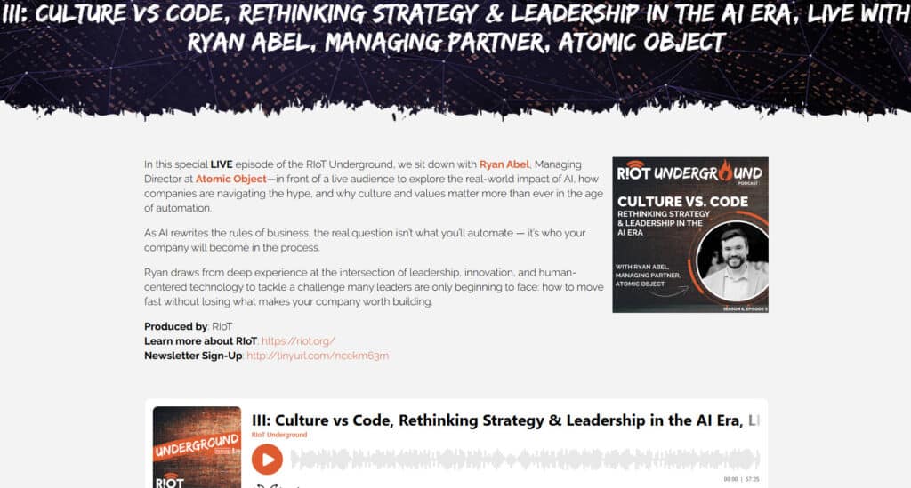 A screenshot of a podcast featuring Atomic Object managing partner Ryan Abel.