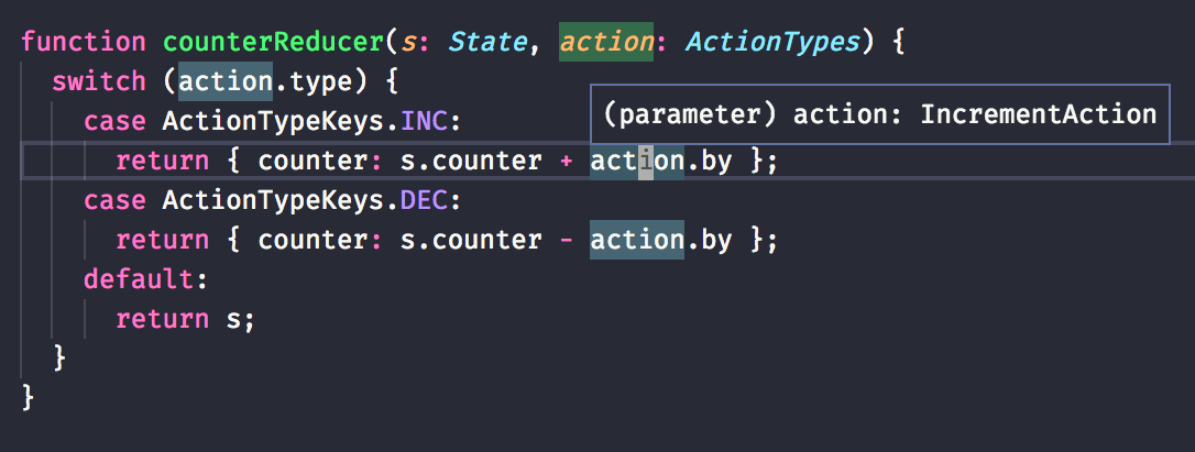 Code example of a reducer that is fully typed by TypeScript.