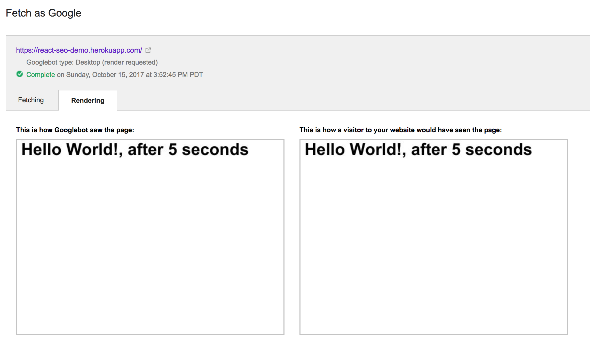 Testing React App SEO using Fetch as Google