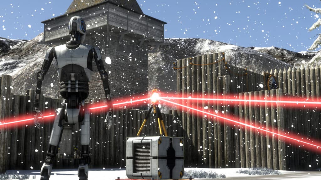 A screenshot from The Talos Principle (video game) showing a robot character facing a cube with a laser-redirecting device on top. Post title: Puzzle Games That Sharpen a Developer’s Mental Modeling Skills