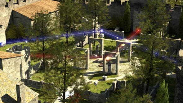 A screenshot from The Talos Principle (video game) depicting ruins in a green landscape with blue and red lasers passing through in various directions.