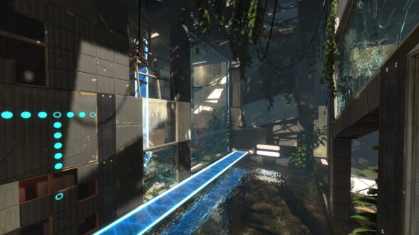 A screenshot of Portal Stories: Mel (video game) showing a large, overgrown room partially flooded with water.