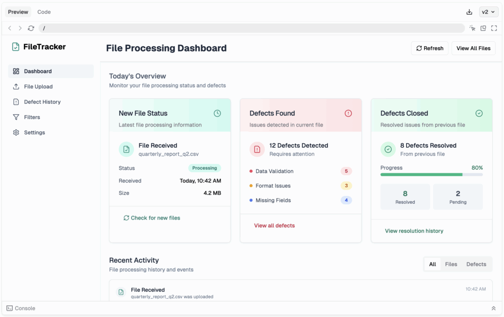 A screenshot of a processing dashboard