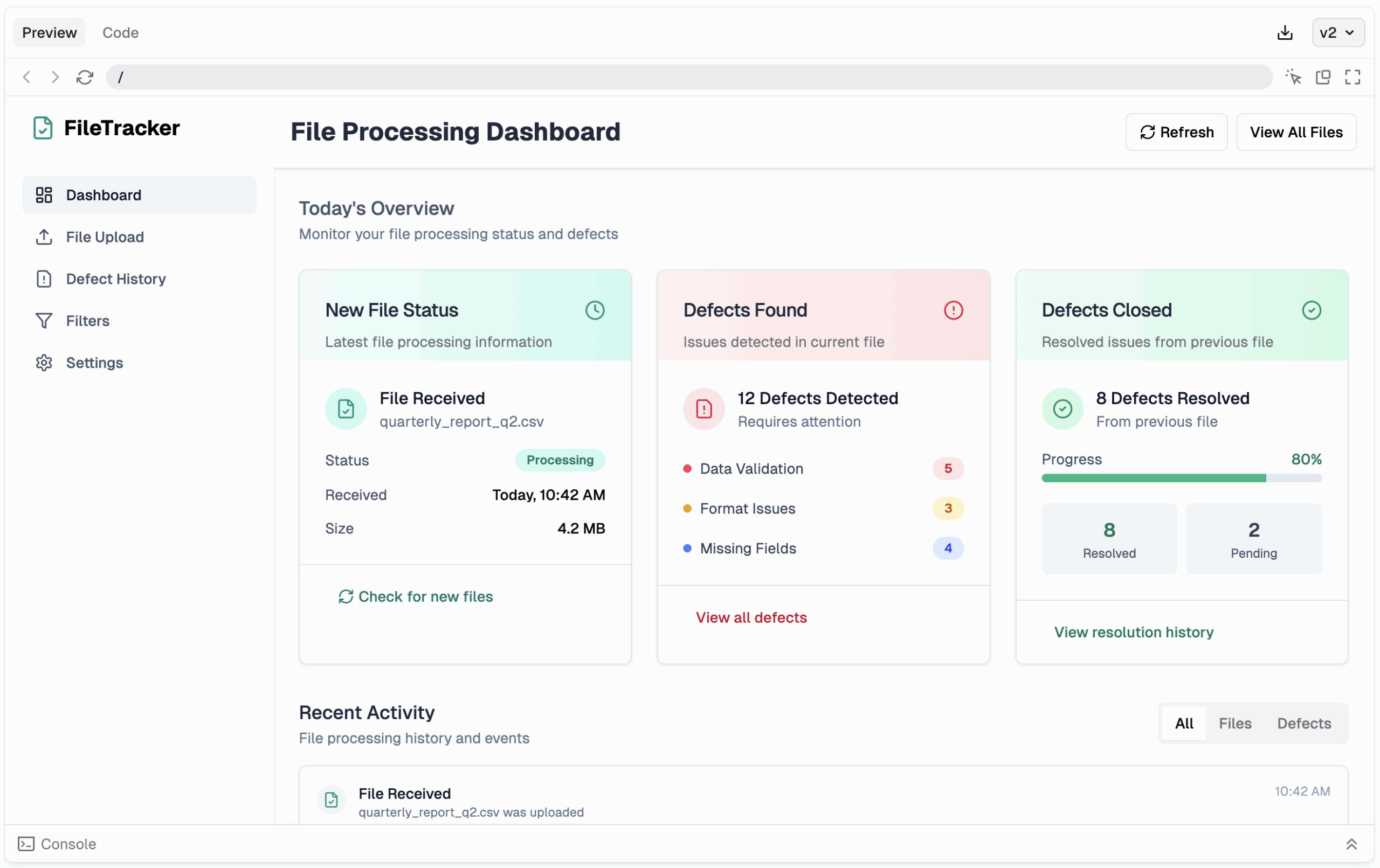 A screenshot of a processing dashboard